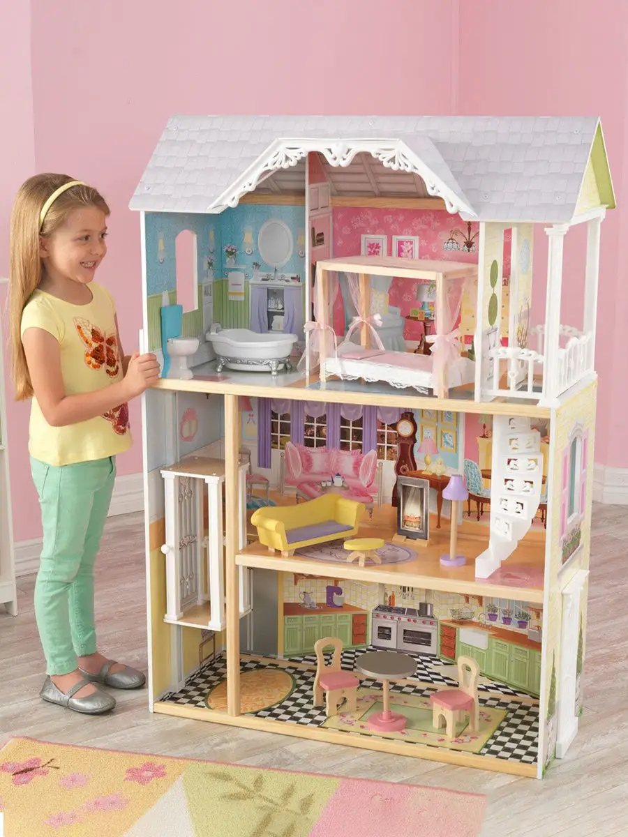 Трехэтажный дом из дерева для Барби Кайли с мебелью 10 предметов (_KE)