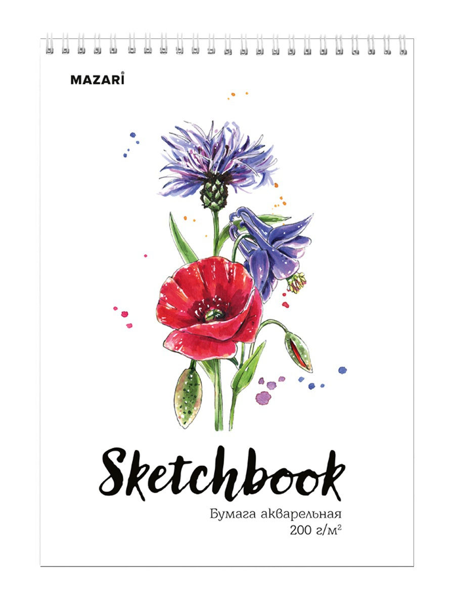 Акварельные листы а4. Скетчбук а4 20л., гребень, 200гр/м2, "Sketchbook  Aquarelle Lux". Скетчбук Mazari а4 20 листов. Спираль (m-2062) (1/15). Скетчбук Mazari. Блокнот-скетчбук а4.