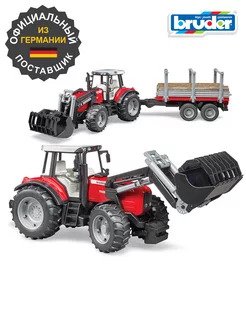 Трактор Massey Ferguson c манипулятором и прицепом